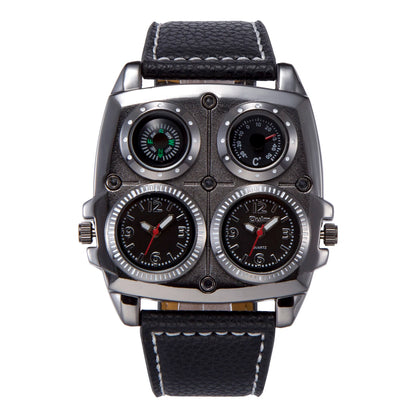 Oulm Men’s Two Time Zone Army Pilot Watch — Large Military Quartz Leather Strap Wristwatch
