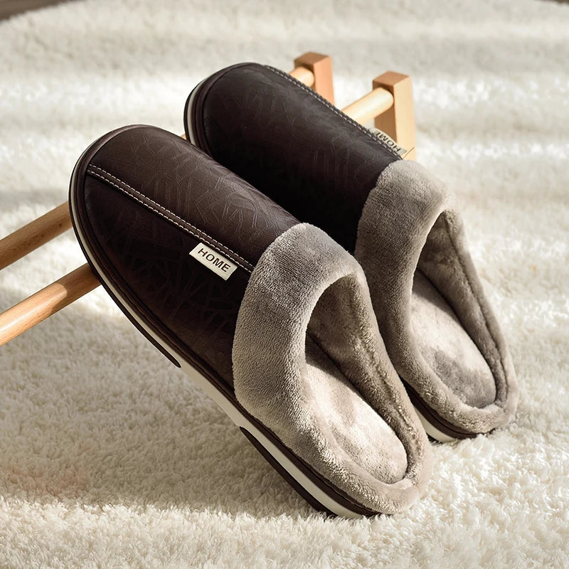 Men’s Large Size Winter Slippers — Waterproof PU Leather Indoor Home Shoes with Fur Cotton, Flat Bedroom Slippers