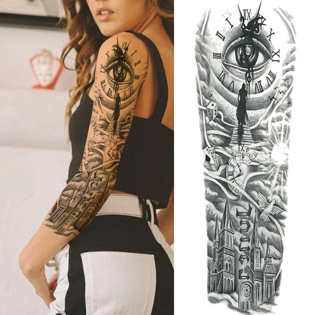 Temporary Tattoo Sleeve - Realistic Full Arm Skull Angel Maori Design Tattoo Sticker for Men & Women
