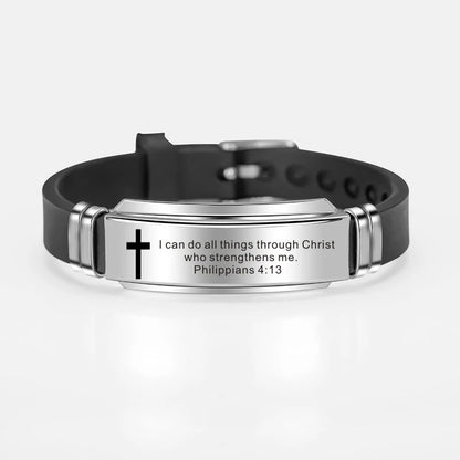 Cross Jesus Scripture Quote Bracelet – Christian Bible Verse Stainless Steel & Silicone Wristband
