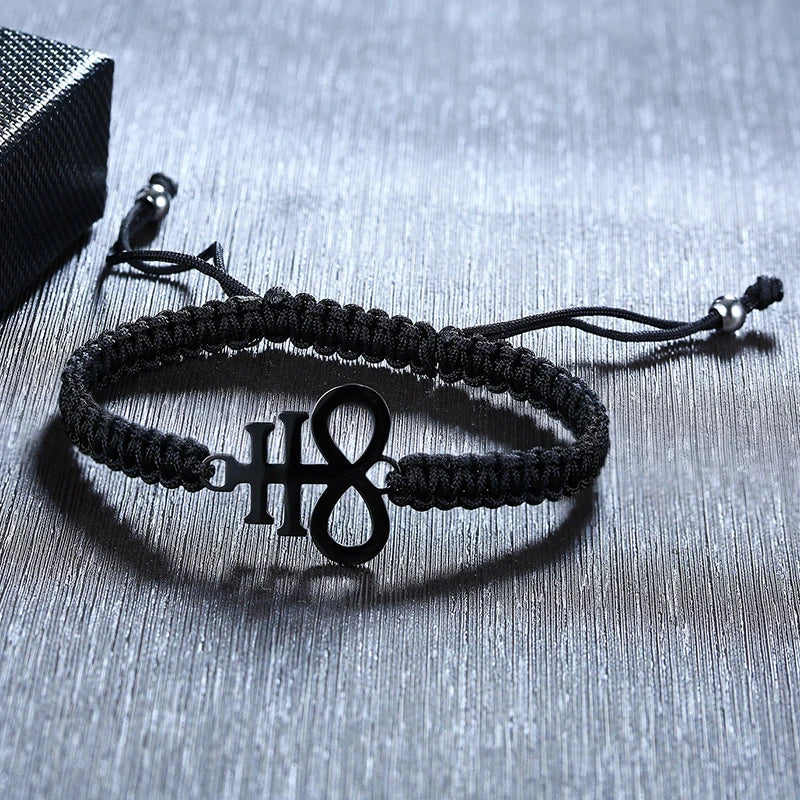 Lucifer Seal Charm Bracelet - Handmade Black Braided Adjustable Wave Wrist Jewelry for Men