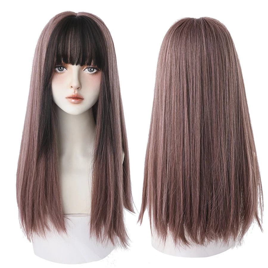 7JHHWIGS Long Straight Light Brown Synthetic Wig with Bangs – Heat-Resistant Daily Wear Wig for Women
