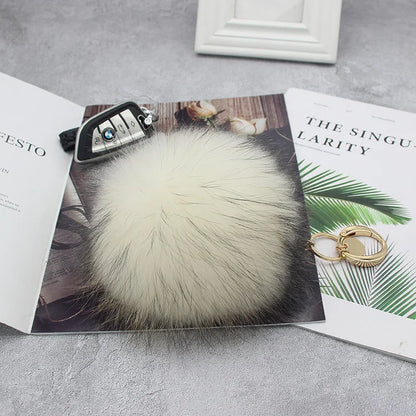 Luxury 15cm Fluffy Real Raccoon Fur Pom Pom Keychain – High-Quality Metal Ring Pendant for Women