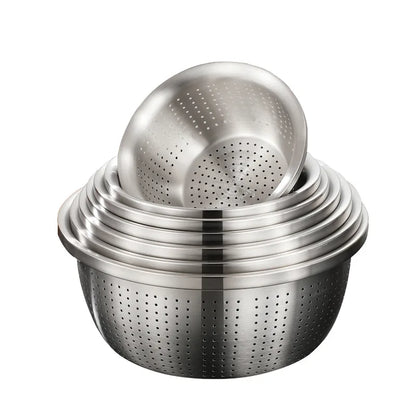 Stainless Steel Drain Basket Colander – Round Rice Cleaning Sieve & Fruit Vegetable Washing Strainer for Kitchen Use