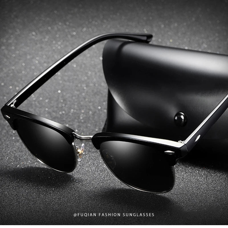 Classic Half Frame Polarized Sunglasses – Retro Rivet Design for Men & Women, Anti-Glare Black Travelling Shades