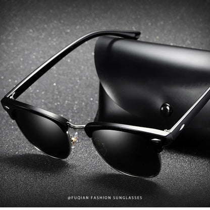Classic Half Frame Polarized Sunglasses – Retro Rivet Design for Men & Women, Anti-Glare Black Travelling Shades