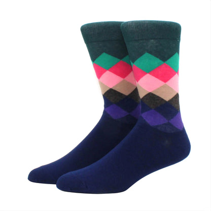 Men’s Funny Argyle Diamond Pattern Cotton Socks – Large Size 3D Geometric Crew Tube Socks, Combed Cotton Casual Novelty Socks