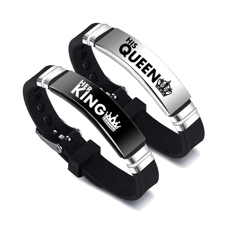 2 Pcs/Set His Queen Her King Couple Bracelets - Stainless Steel Adjustable Silicone Strap Bangles for Valentine's Day Gift