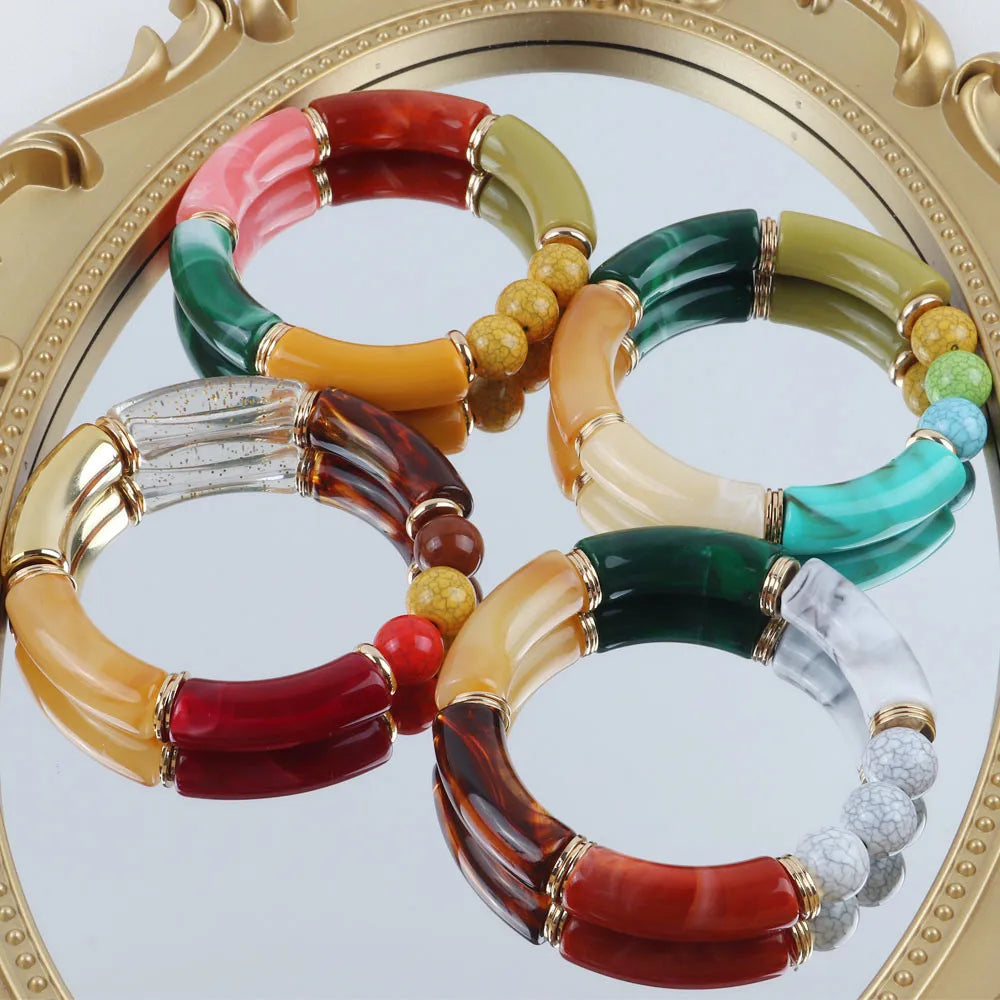 Fashion 4PCS Resin Amber Bamboo Bead Acrylic Elastic Bracelet Set — Trendy 2024 Handmade Bangles