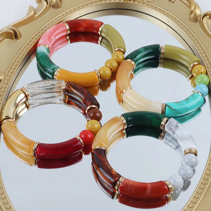 Fashion 4PCS Resin Amber Bamboo Bead Acrylic Elastic Bracelet Set — Trendy 2024 Handmade Bangles