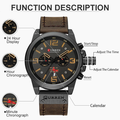 CURREN Men's Luxury Waterproof Sport Watch – Chronograph Quartz Military Wristwatch with Genuine Leather Strap