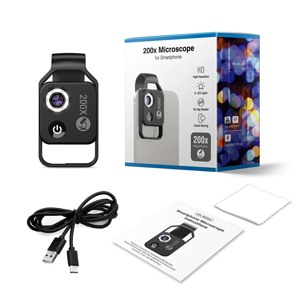 APEXEL Digital 200X Microscope Lens with Mobile LED Guide Light - Micro Pocket SuperMacro Lens for iPhone, Samsung Phones