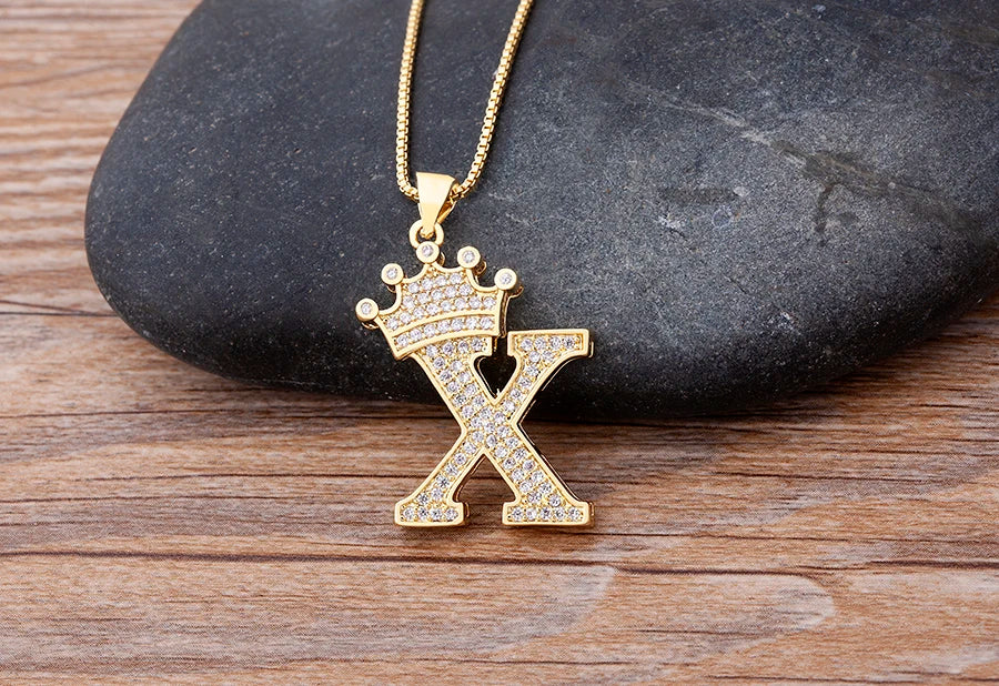 Nidin Luxury A-Z Crown Alphabet Pendant – Copper Zircon Initial Necklace Chain, Hip-Hop Style Jewelry for Men & Women