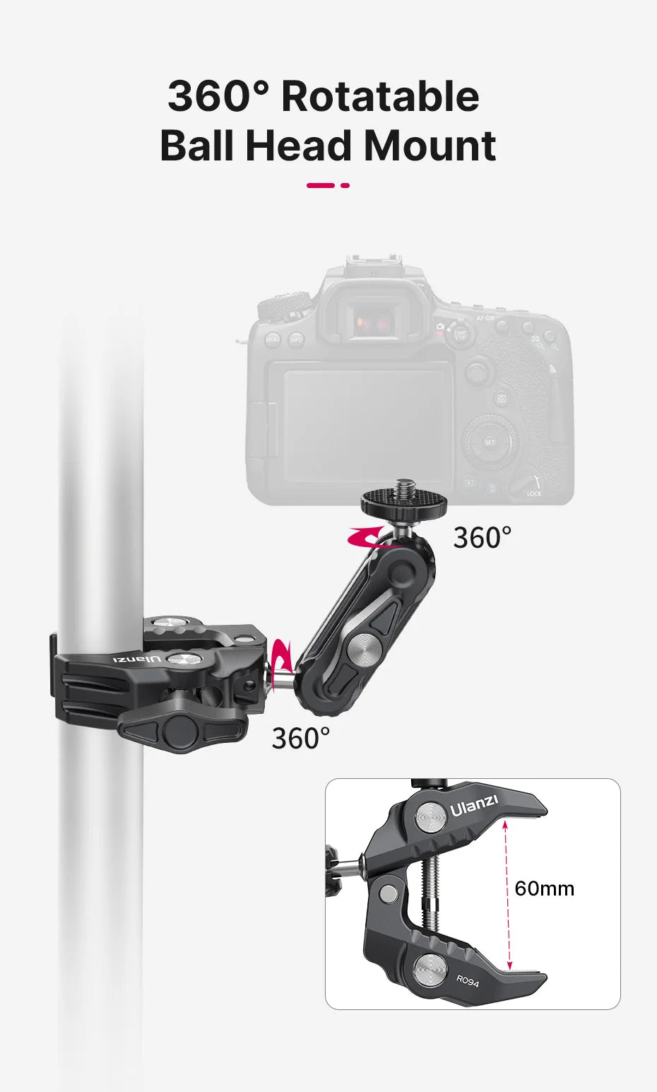 Ulanzi R094 Metal Super Clamp with 360° Ball Head Magic Arm, 1/4" & 3/8" Holes for DSLR Camera, Monitor, Light, Mic, and Rod Mount