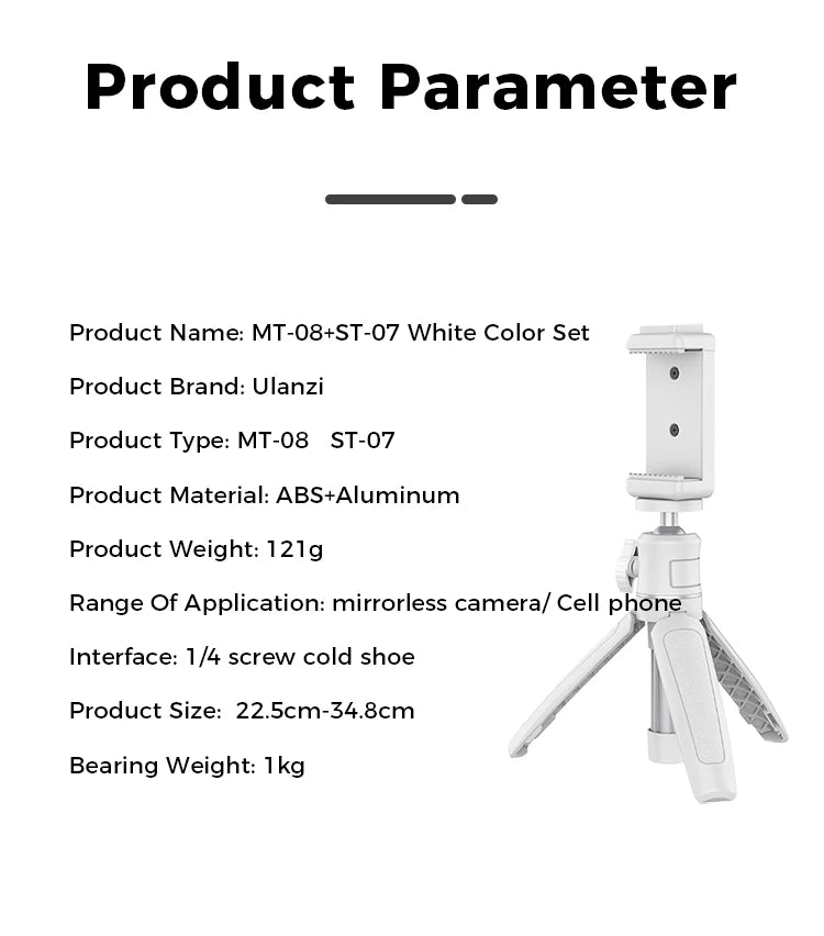 Ulanzi MT-08 Mini Tripod – White Foldable Monopod Mount with 1/4'' Universal Tripod for DSLR, Android & iPhone Smartphones