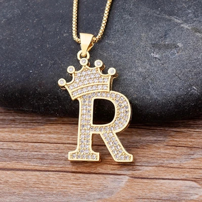 Nidin Luxury A-Z Crown Alphabet Pendant – Copper Zircon Initial Necklace Chain, Hip-Hop Style Jewelry for Men & Women