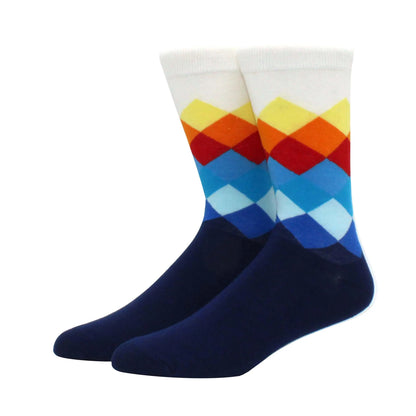 Men’s Funny Argyle Diamond Pattern Cotton Socks – Large Size 3D Geometric Crew Tube Socks, Combed Cotton Casual Novelty Socks