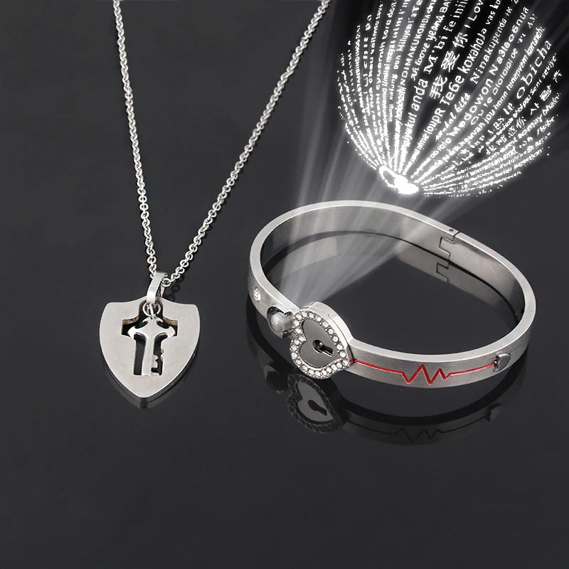 Couple Jewelry Set – Stainless Steel Love Heart Lock Bracelets & Key Pendant Necklace for Men & Women Gift