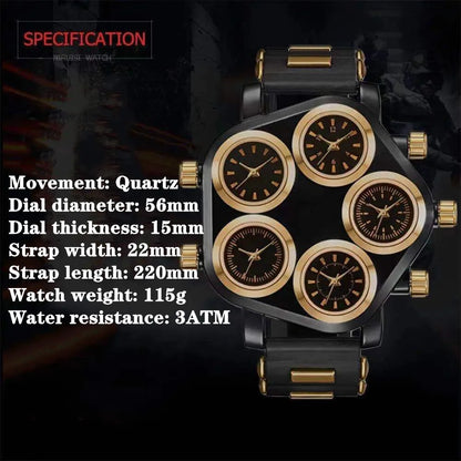 Five Movement Men's Quartz Watch – Large Dial Hip Hop Punk Style Sport Watch for Men