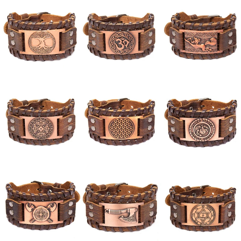 Totem Design Wide Leather Pirate Compass Bracelet - Men's Celtic Viking Jewelry, Party Gift Accessories