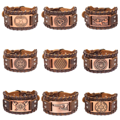 Totem Design Wide Leather Pirate Compass Bracelet - Men's Celtic Viking Jewelry, Party Gift Accessories