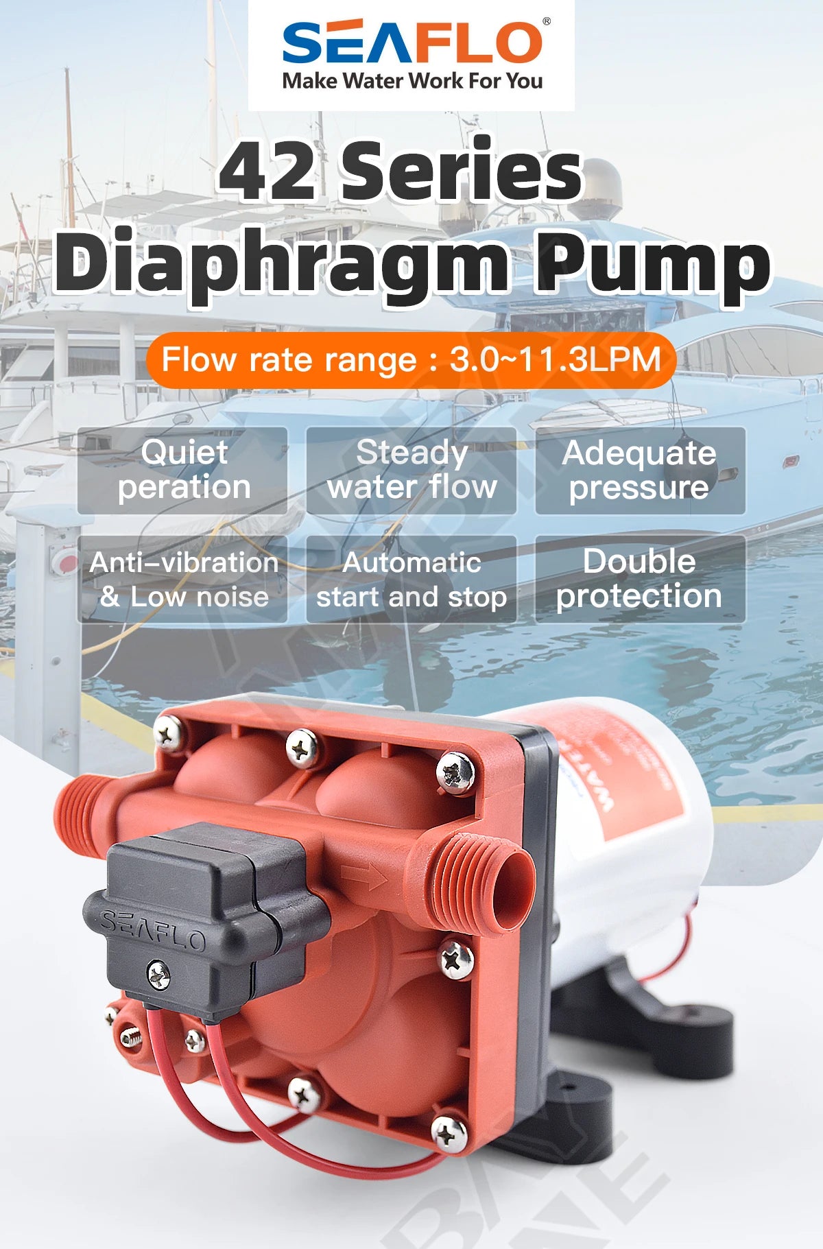 SEAFLO 42 Series Diaphragm Water Pump – 3.0GPM, 55PSI, 12V Electric Pump for Yacht, Boat, Marine, RV, Caravan, High Pressure, 4 Chamber