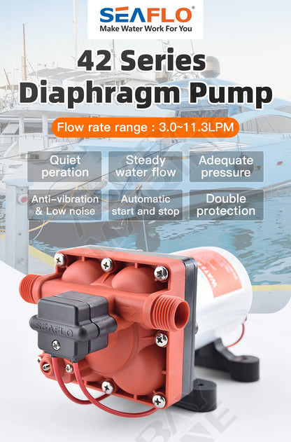 SEAFLO 42 Series Diaphragm Water Pump – 3.0GPM, 55PSI, 12V Electric Pump for Yacht, Boat, Marine, RV, Caravan, High Pressure, 4 Chamber