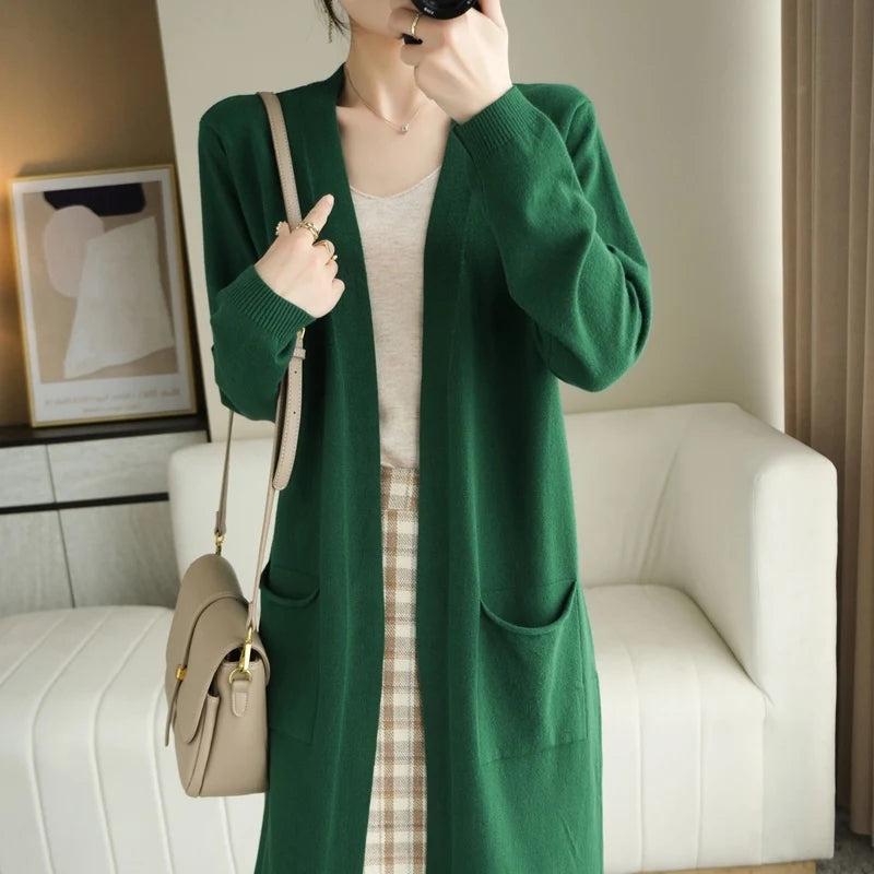 YSC Women’s Knitted Cashmere Wool Blend Cardigan – V-Neck, Long Buttonless Style with Pocket Trim