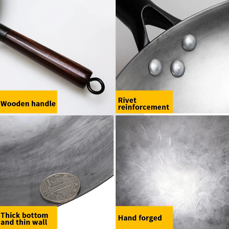 Hand Forged Household Iron Wok, Pure Iron Pan with Wooden Handle, Non-Coating, Non-Stick, for Gas Cooker