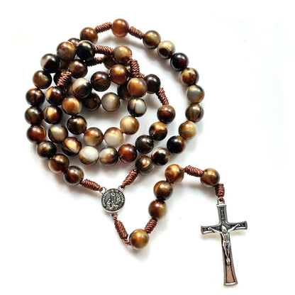 QIGO Vintage Acrylic Rosary Necklace – Brown Catholic Jesus Cross Pendant with Rope Weave Chain, Religious Jewelry for Men & Women