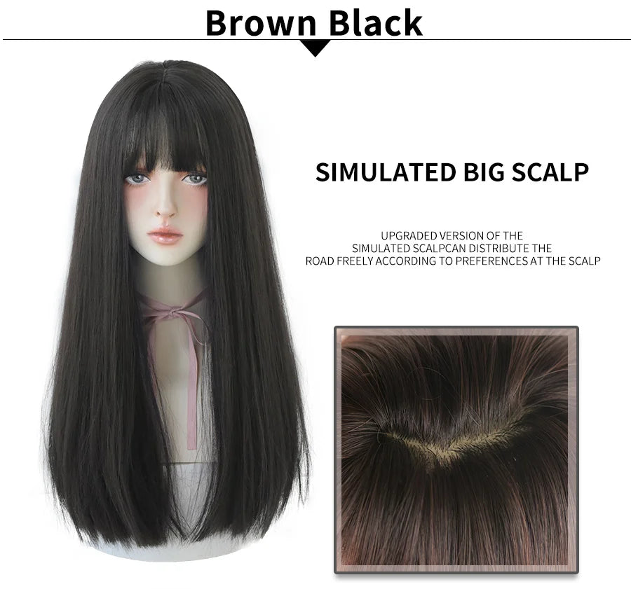 7JHHWIGS Long Straight Light Brown Synthetic Wig with Bangs – Heat-Resistant Daily Wear Wig for Women