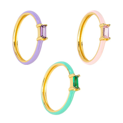 24K Gold-Plated & Silver Enamel Ring – Slim Round Women's Luxury Zircon CZ Ring in Green, Purple, Pink for Wedding & Anniversary
