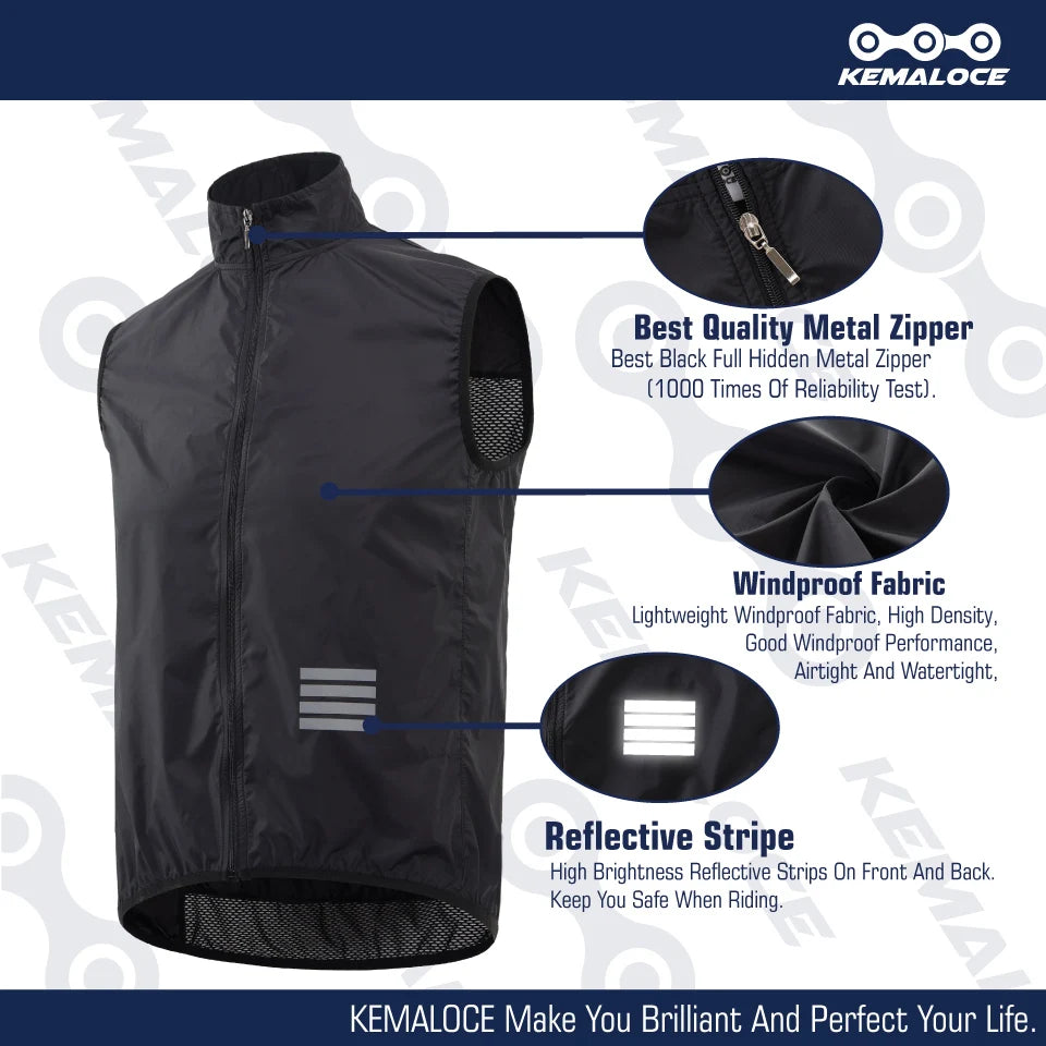 KEMALOCE 2023 Cycling Vest - Navy Blue Windproof Sleeveless Bicycle Gilet, Lightweight MTB Sports Wind Vest for Men