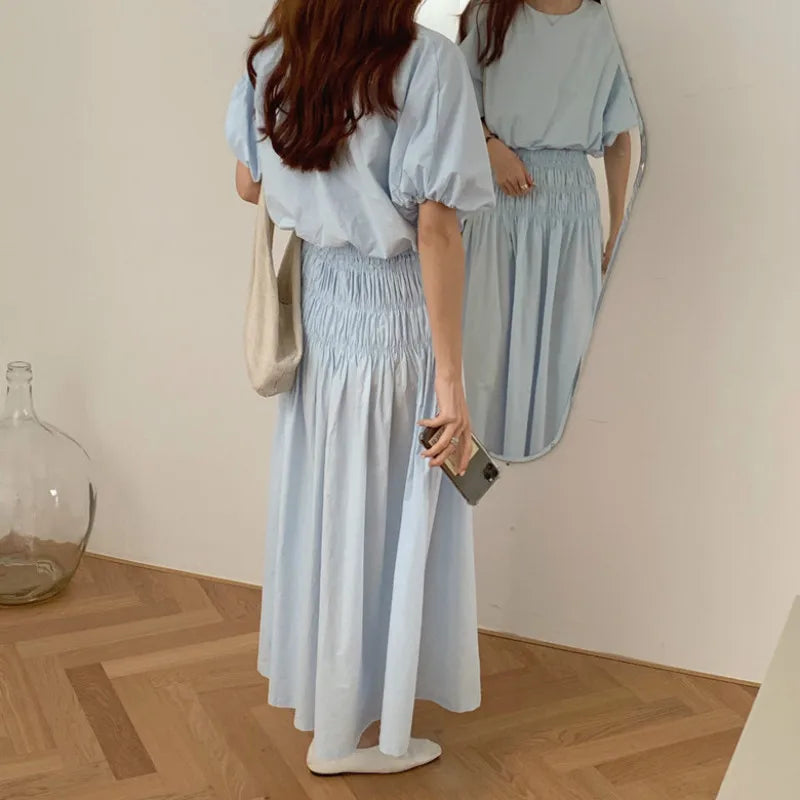 Oversized Summer Women’s 2-Piece Skirt Set – Puff Sleeve Crop Top & Pleated A-Line Long Skirt