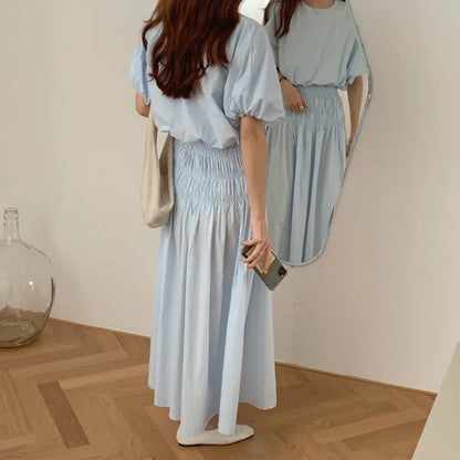 Oversized Summer Women’s 2-Piece Skirt Set – Puff Sleeve Crop Top & Pleated A-Line Long Skirt