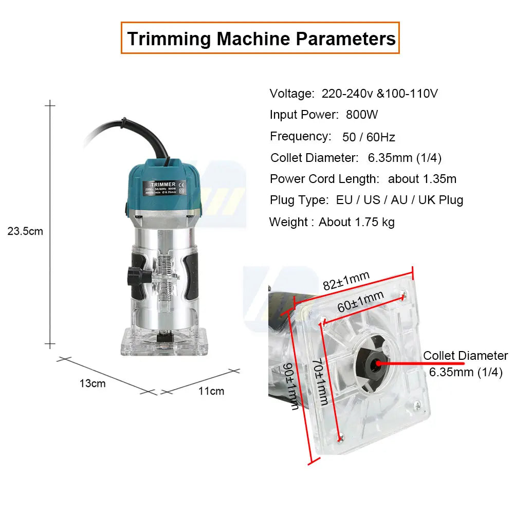 800W 30000RPM Electric Wood Router – 1/4 Inch Woodworking Trimmer & Carving Milling Tool