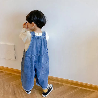 2024 Autumn Kids Denim Overalls – Loose Casual Bib Pants for Boys & Girls 1-7Y Spring Fall Outwear