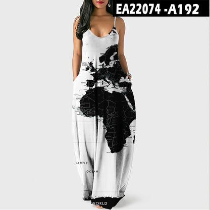 Women’s World Map Beach Dress – Elegant Sexy Long Sundress with Irregular Hem, Sleeveless Spaghetti Straps, Plus Size Summer Dress