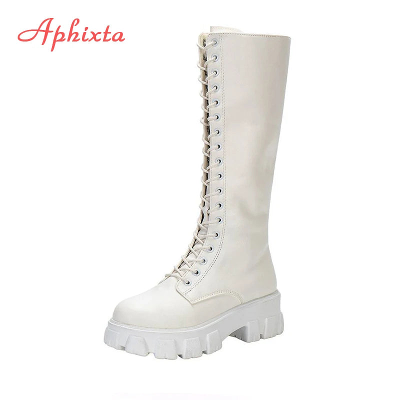Aphixta 2025 Women’s Winter Knee-High Boots – White PU Leather Lace-Up Platform Fashion Shoes
