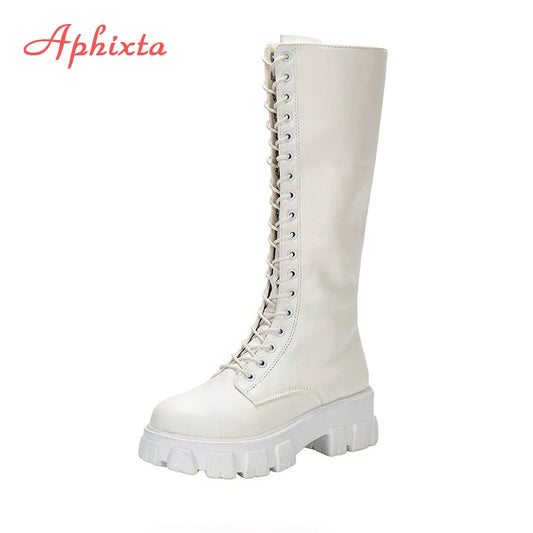 Aphixta 2025 Women’s Winter Knee-High Boots – White PU Leather Lace-Up Platform Fashion Shoes