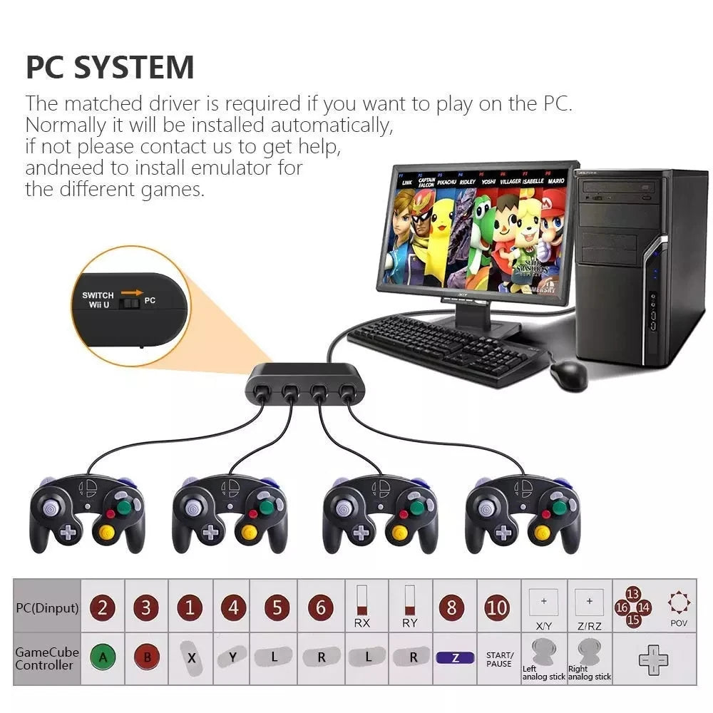 4-Port GameCube Controller Adapter – USB Converter for Nintendo Switch, Wii U, PC, and NGC – Star Fighting Game Support