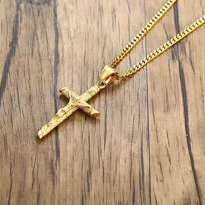 Vnox Cross Necklace for Men & Women – Gold Stainless Steel Jesus Pendant, Catholic Faith Jewelry for Church Prayer