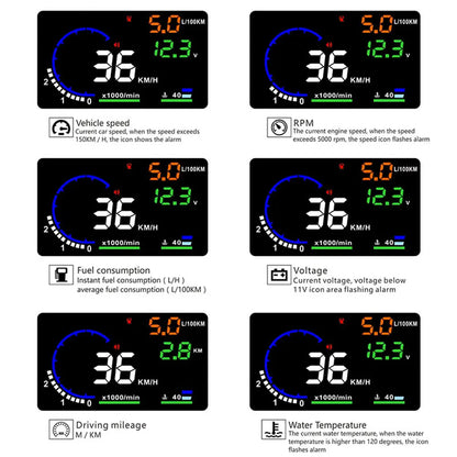 ADQ 5.5" OBD2 HUD Car Head-Up Display – Digital Speedometer, Tachometer, Windshield Projector with Speed, Water Temp & RPM Alarm