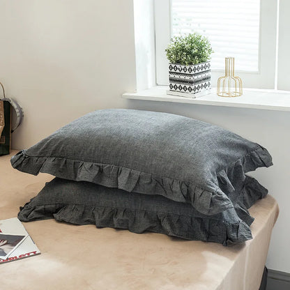 2 Pack 48x74cm Plaid Washed Cotton Pillowcases – Super Soft Ruffled Bedding Covers for Home & Dorm Decor