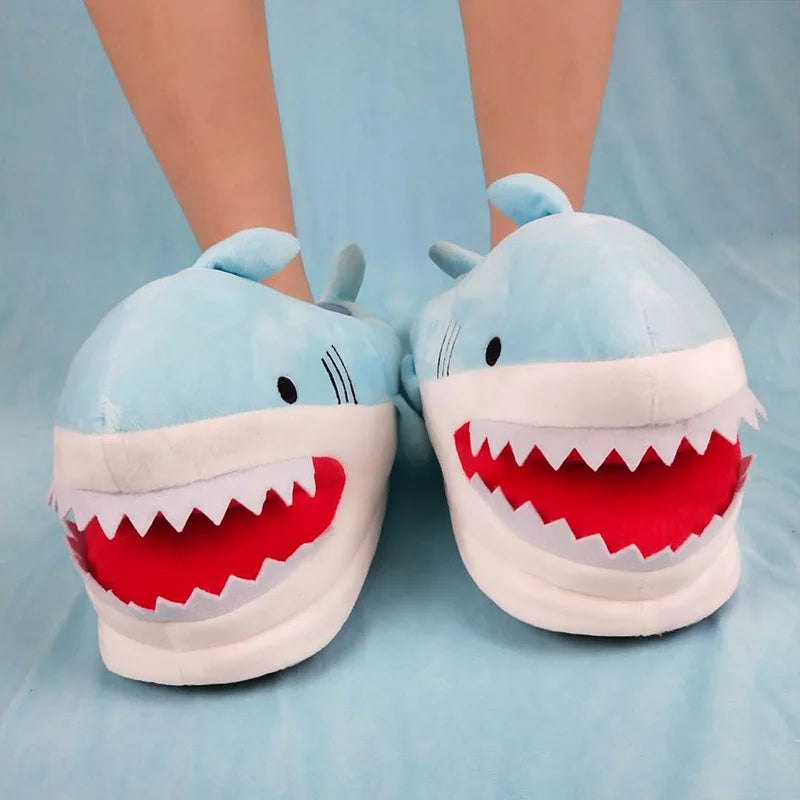 Feerldi Shark Winter Slippers — Cartoon Anime Slip-On Fish Slides for Girls, Boys & Women, Plush Open-Mouth Cotton Shoes