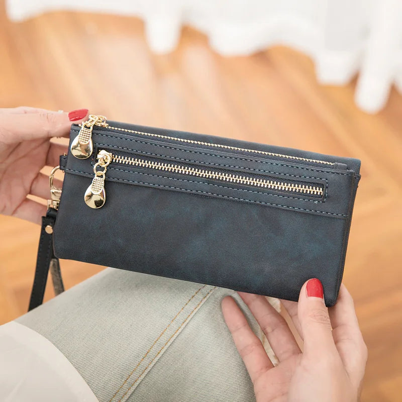 Large Capacity Women's Wallet – Dull Polish Leather, Double Zipper Clutch Wristlet with Phone, Coin & Card Holder Pockets