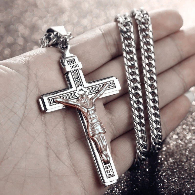 Vintage Jesus Cross Pendant Necklace – Catholic Christian Amulet Jewelry for Men & Women Religious Prayer Gift