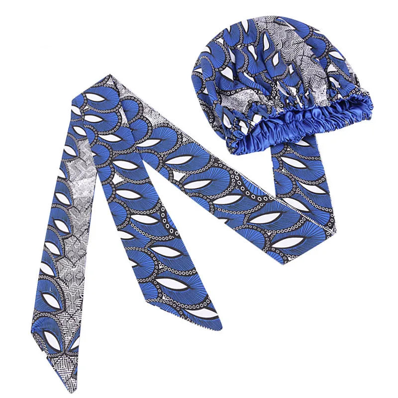 African Satin Lined Bonnet with Long Ribbon - Floral Ankara Print Head Wrap Turban Cap for Women