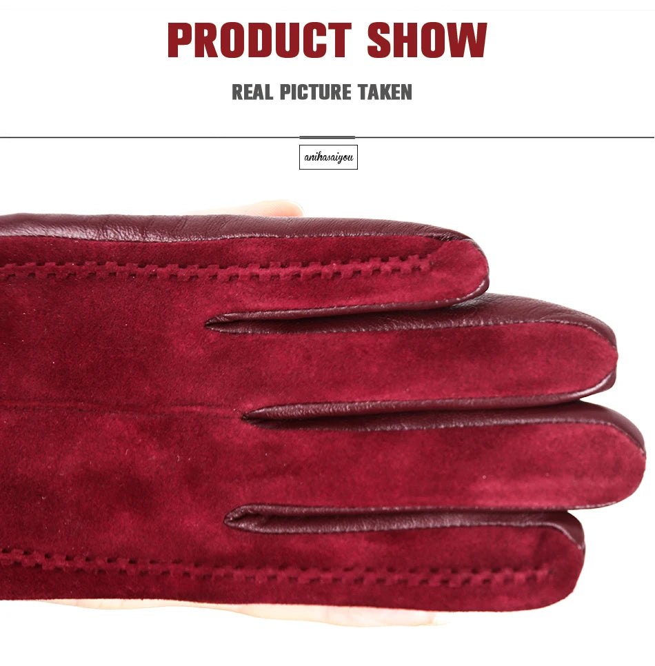 Women’s Winter Touch Gloves – 50% Genuine Leather & 50% Suede, Colorful Warm Leather Gloves