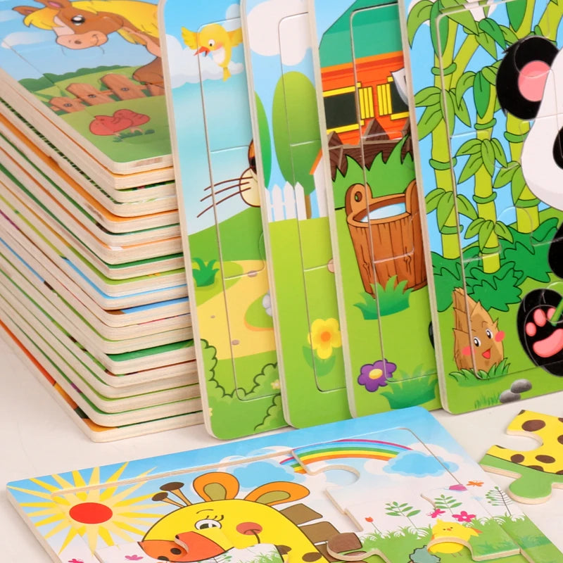 Hot Sale 9/12-Piece Wooden Puzzle Set — Cartoon Vehicles & Animals Educational Learning Toys for Kids, Perfect Gift